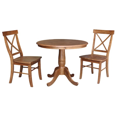 International Concepts Round 36 in Rd Top Pedestal Table, 2 X-Back Chairs, Distressed Oak, 36 in W, 36 in L, 29.1 in H, Wood K42-36RT-C613-2